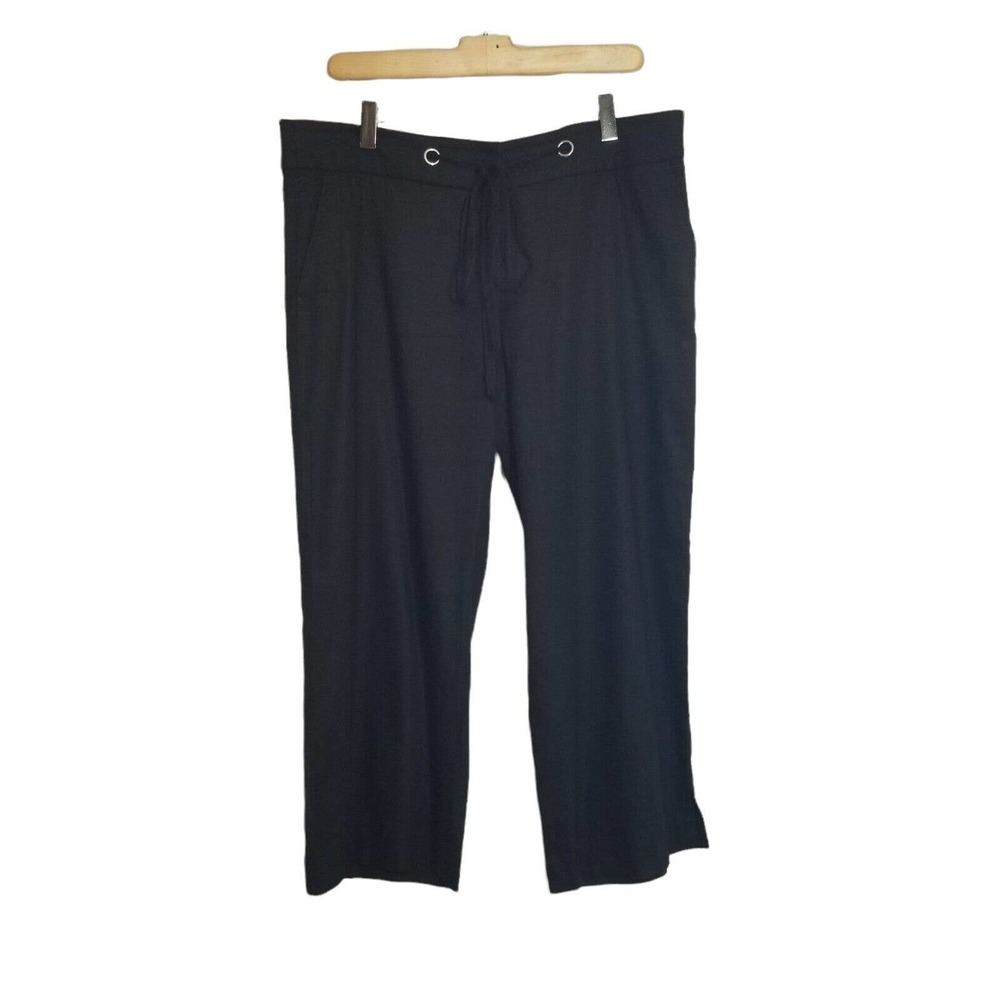 Bebe Black Linen Blend Straight Leg Capri Cropped Drawstring Pants Size Large